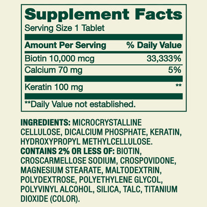 Spring Valley Extra Strength Biotin Plus Keratin Dietary Supplement Tablets for Hair/Skin/Nail Health, 10,000 mcg, 60 Count