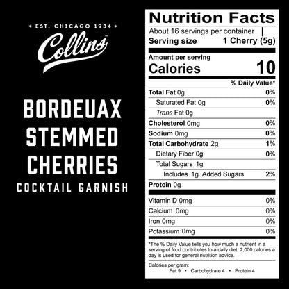 Collins Bordeaux Stemmed Cherries | Premium, Dark Cherry Garnish for Cocktails, Manhattan, and Old Fashioned, 10oz