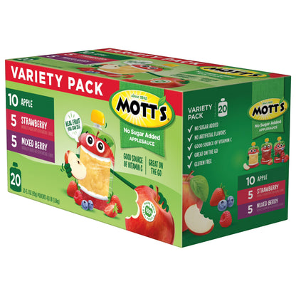 Mott's No Sugar Added Applesauce Variety Pack, 3.2 oz, 20 Count Clear Pouches