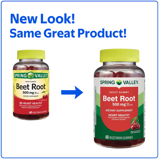 (2 pack) Spring Valley Beet Root Heart Health Dietary Supplement Gummies, Cherry, 500 mg, 60 Count