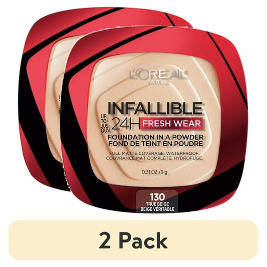 (2 pack) L'Oréal Paris Infallible Fresh Wear 24 Hr Foundation in a Powder, for All Skin Medium Tone, 130 True Beige, 1 fl oz