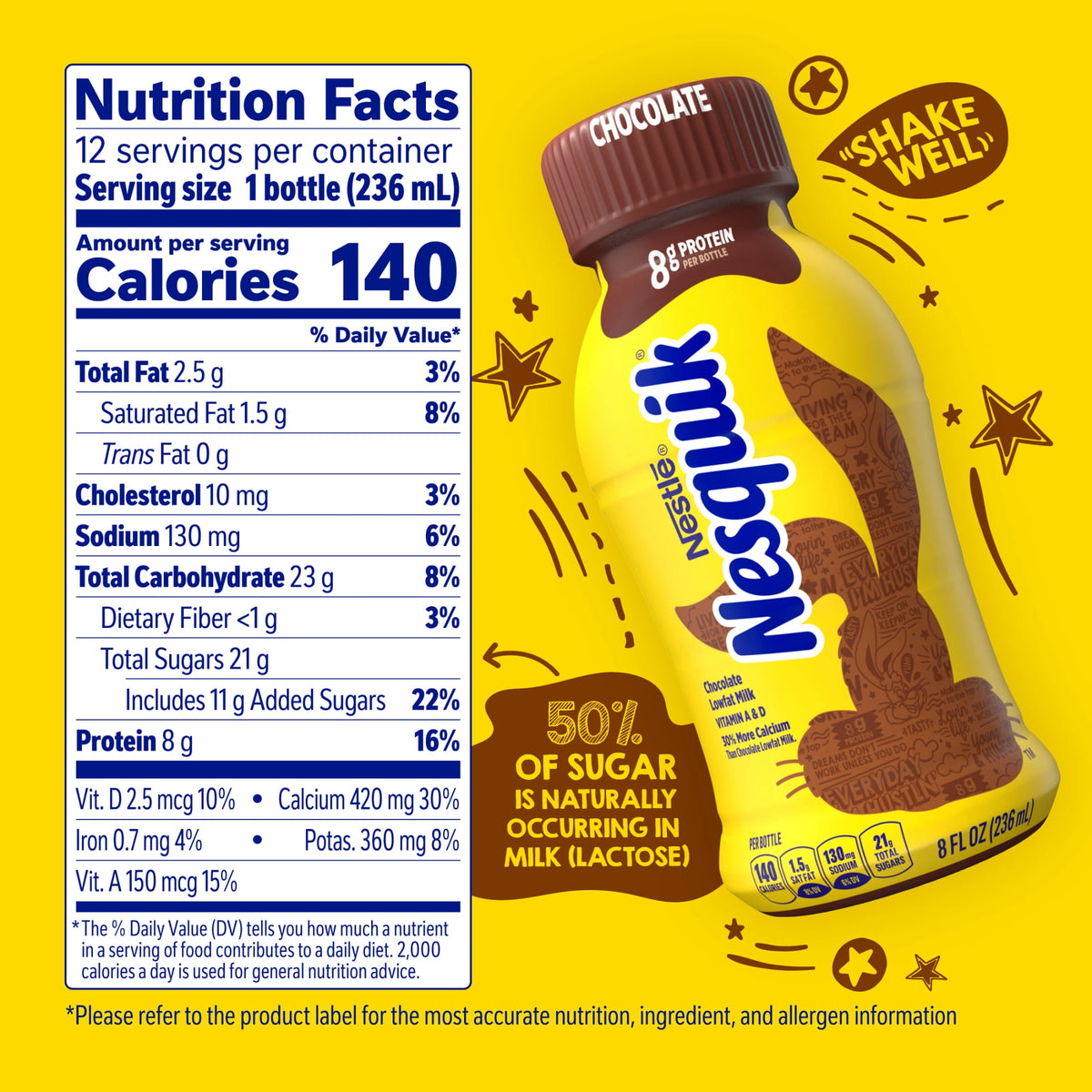 (2 pack) Nesquik Chocolate Milk, Ready to Drink, Low-fat Milk, 12 Bulk Pack, 8 fl oz Bottles