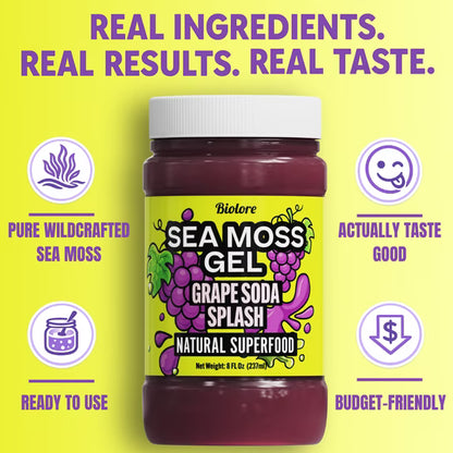 Biolore Grape Splash Sea Moss Gel, 8 oz – No Added Sugar, Vegan, Ready-to-Use Wildcrafted Sea Moss Gel with Monk Fruit, Smoothie & Food Add-In