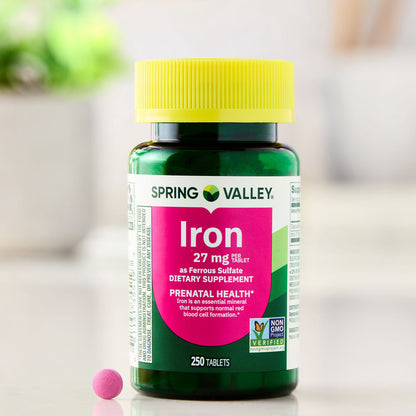(3 pack) Spring Valley Iron Prenatal Health Dietary Supplement Tablets, 27 mg, 250 Count