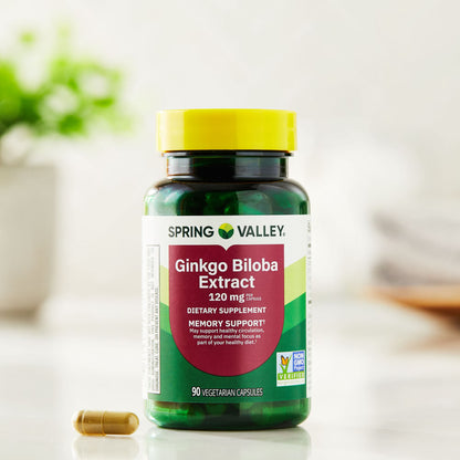 (3 pack) Spring Valley Ginkgo Biloba Extract Dietary Supplement Vegetarian Capsules for Memory Support, 120 mg, 90 Count