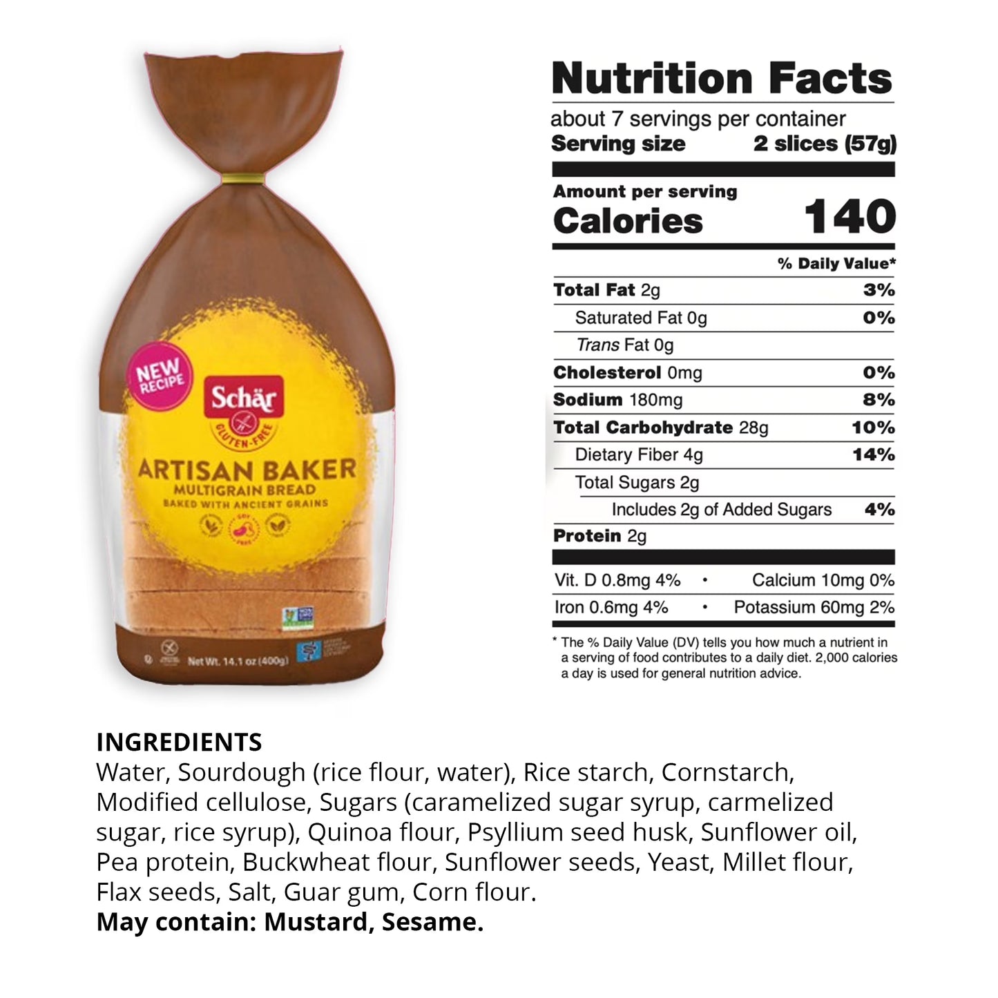 Schar Gluten Free Artisan Baker Multigrain Sourdough Bread Loaf, Regular, Shelf-Stable, 14.1 oz