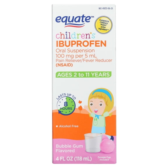 Equate Children's Pain Reliever/Fever Reducer Ibuprofen Oral Suspension, Bubble Gum Flavor, 100 mg, 4 fl oz