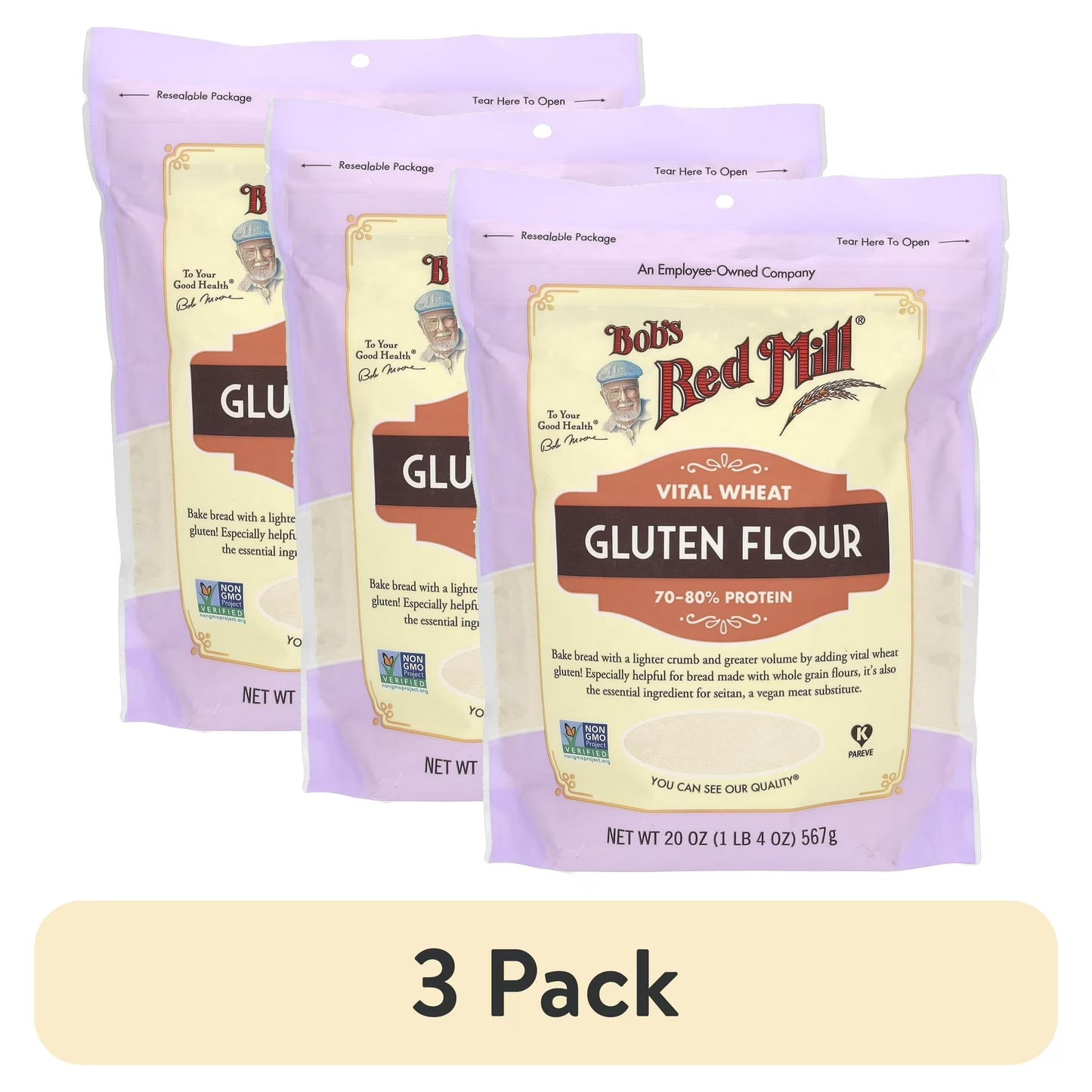(3 pack) Bob's Red Mill Vital Wheat Gluten Flour, 20 oz