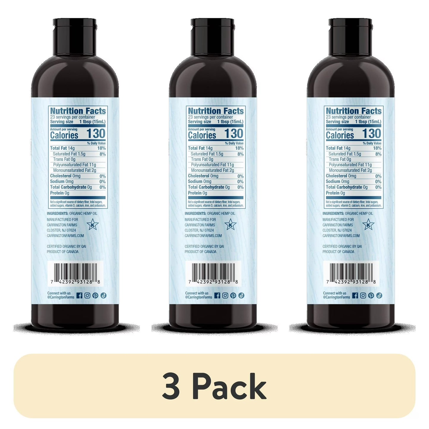 (3 pack) Carrington Farms Hemp Oil, 12oz