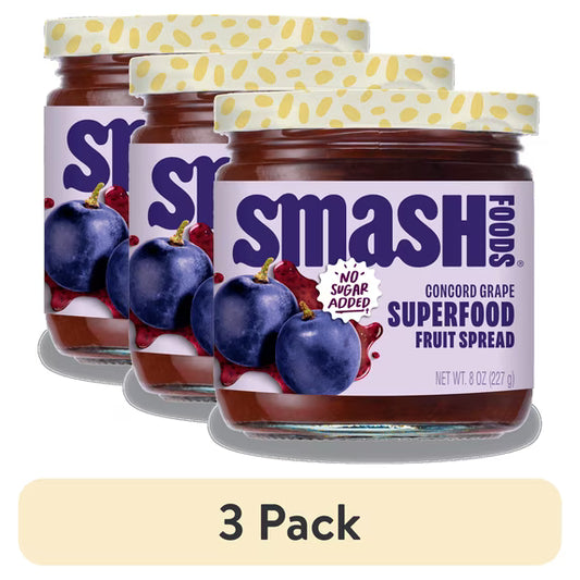 (3 pack) Smash Foods, Grape Jam, No Sugar Added, Low-Calorie, Vegan (1 Jar)