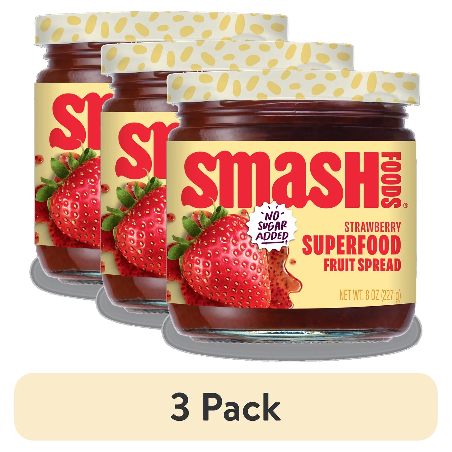 (3 pack) Smash Foods, Strawberry Jam, No Sugar Added, Low-Calorie, Vegan (1 Jar)