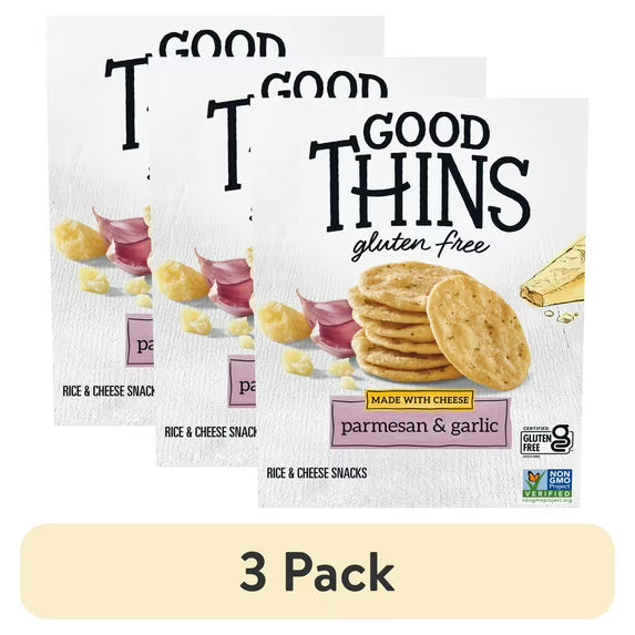 (3 pack) GOOD THINS Parmesan & Garlic Rice & Cheese Snacks Gluten Free Crackers, Snack Crackers, 3.5 oz