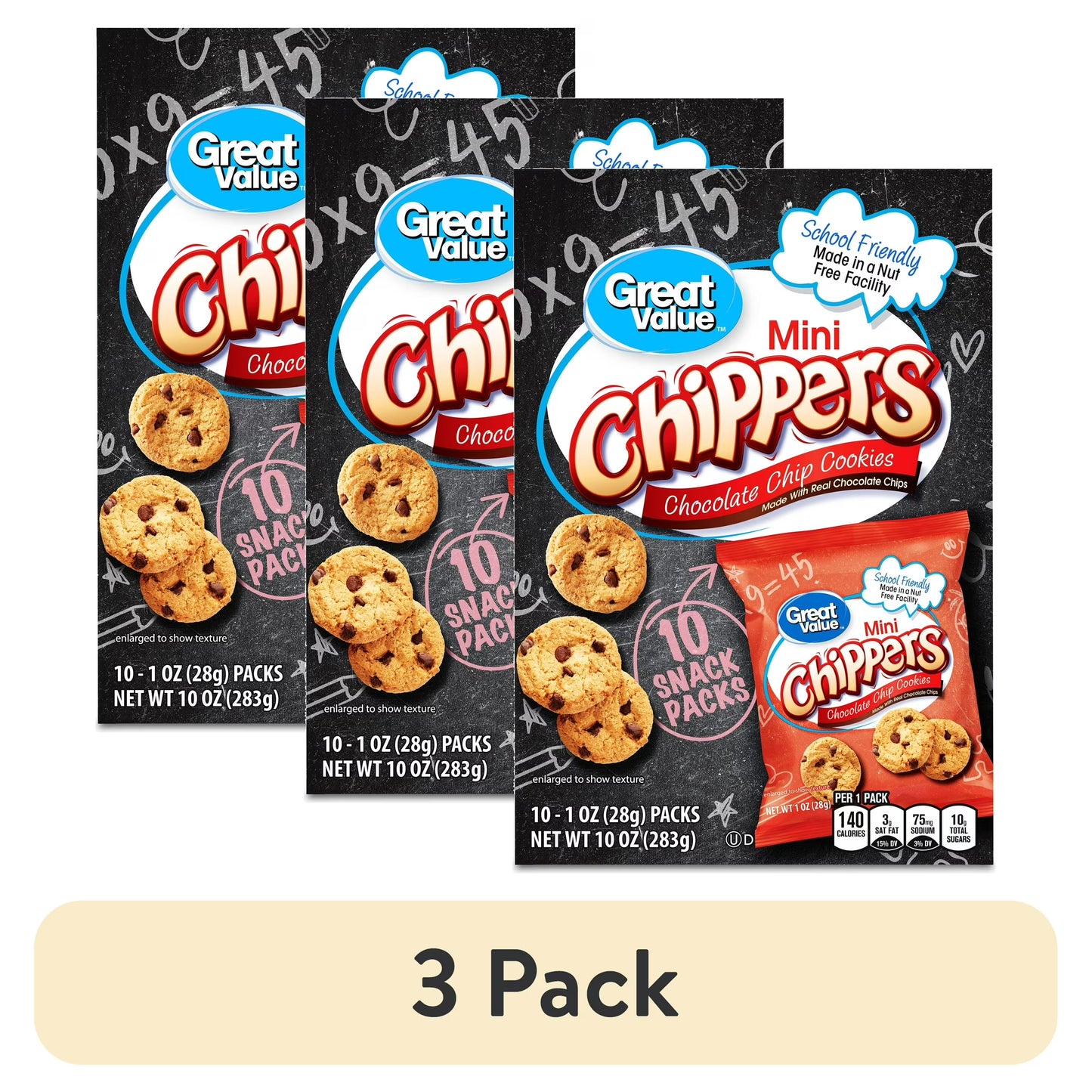 (3 pack) Great Value Mini Chipper Cookies, 1 oz, 10 Snack Packs