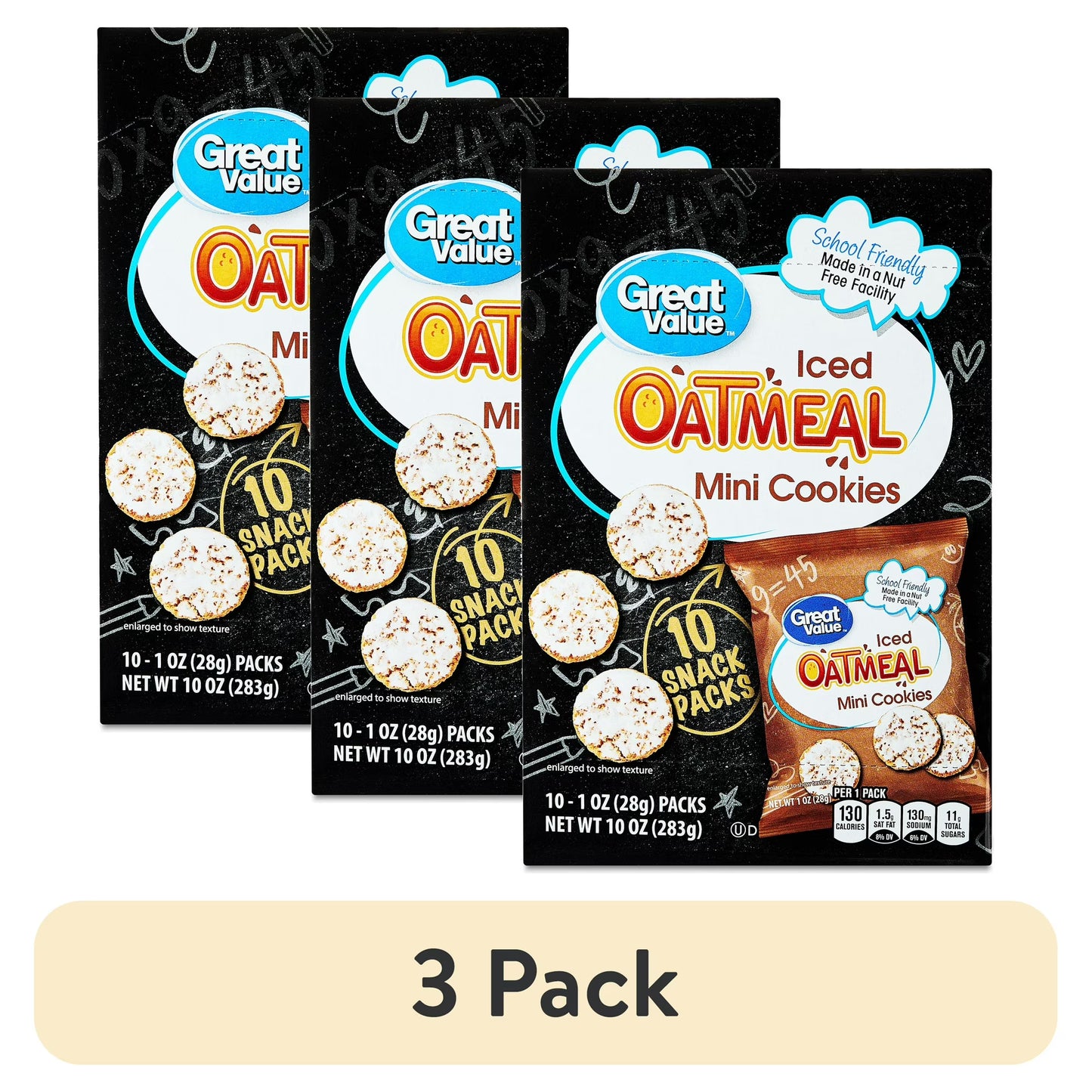 (3 pack) Great Value Mini Iced Oatmeal Cookies, 1 oz, 10 Snack Packs