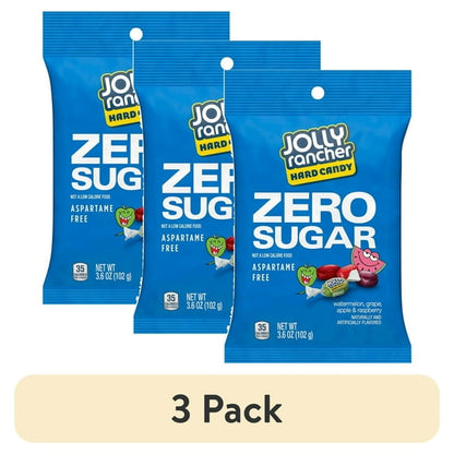 (3 pack) Jolly Rancher Zero Sugar Assorted Fruit Flavored Hard Candy, Bag 3.6 oz