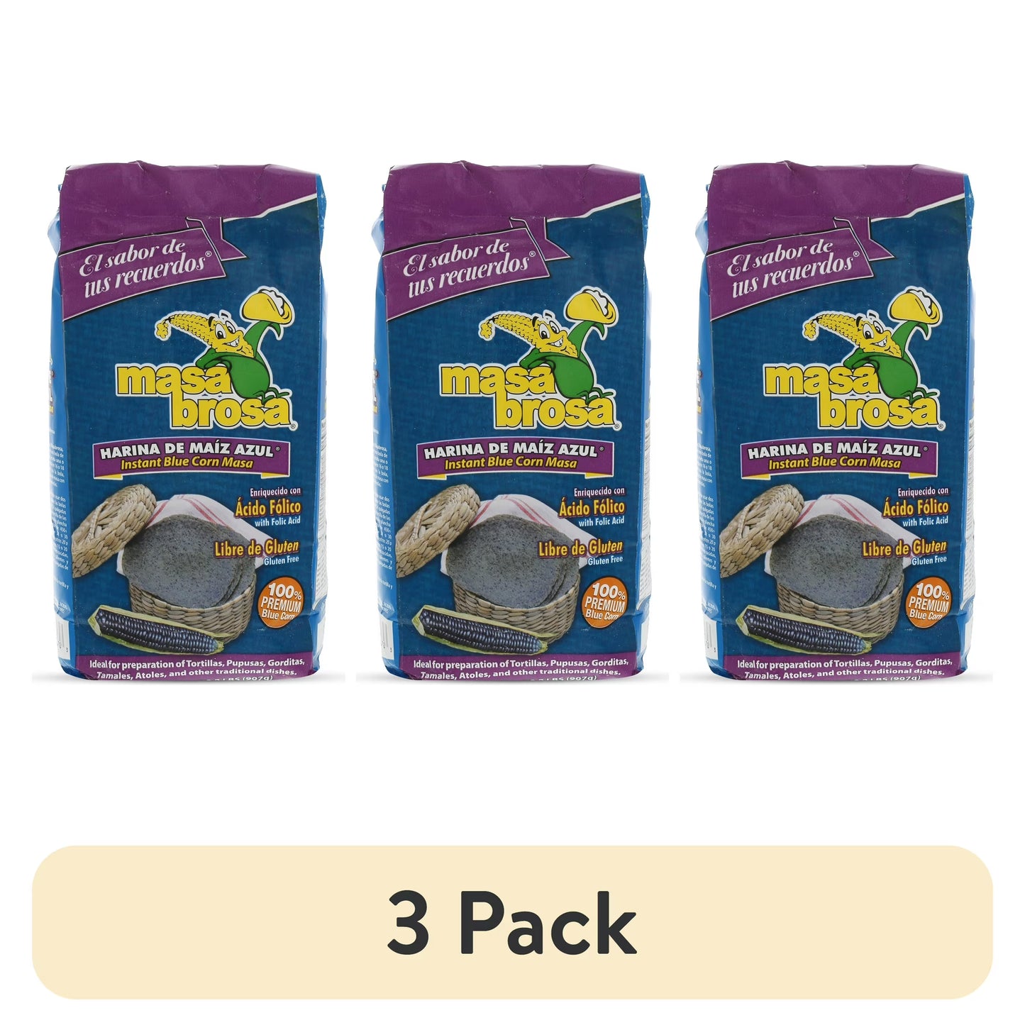 (3 pack) Masa Brosa Instant Blue Corn Flour Mix, 2 lbs, Gluten-Free
