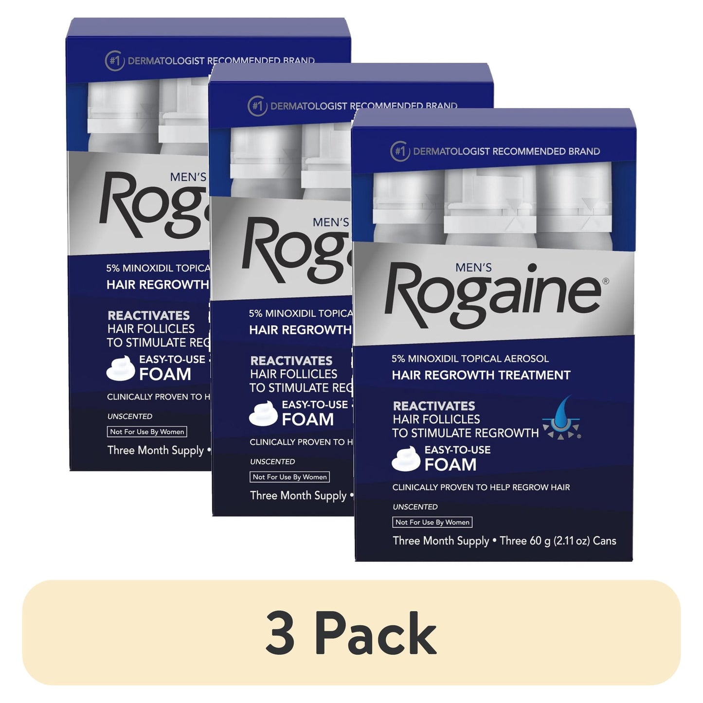 (3 pack) Men's Rogaine Minoxidil 5% Foam 3x 2.11 oz Bottles