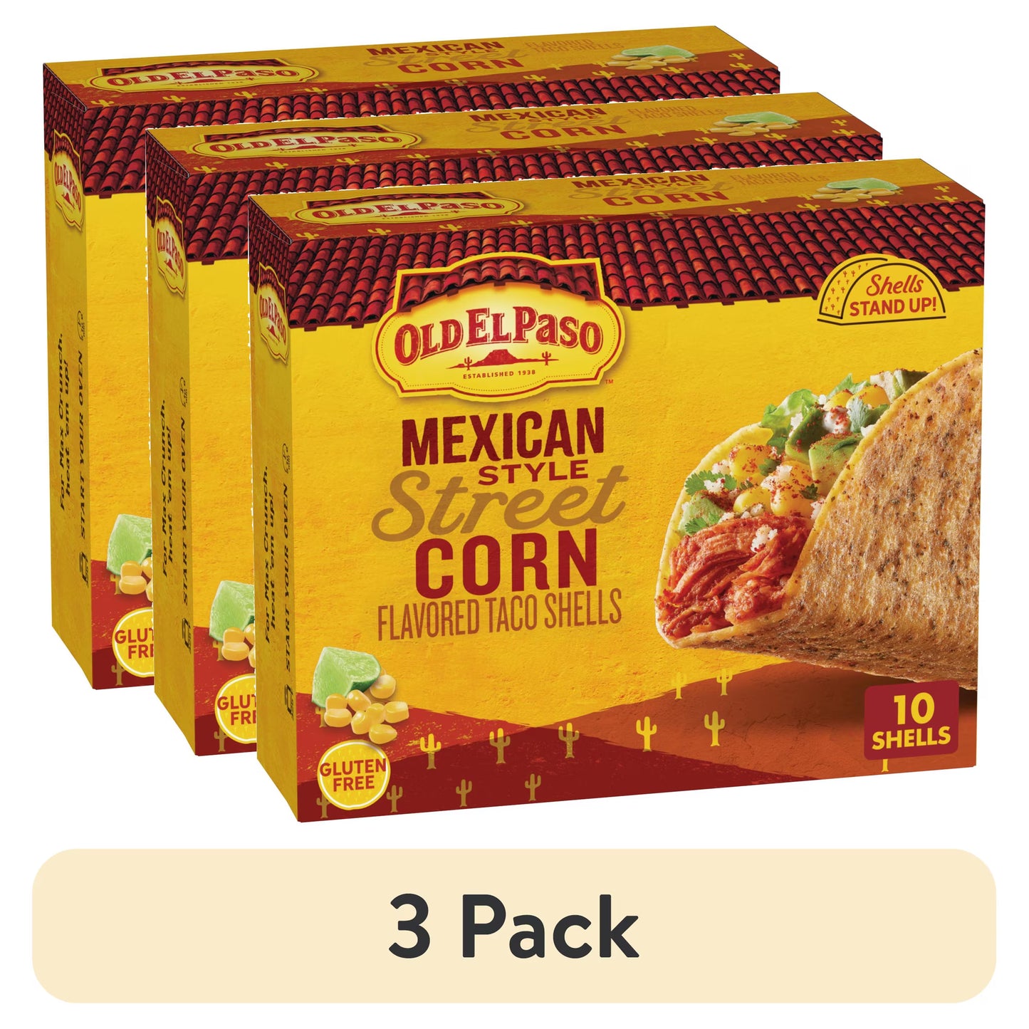 (3 pack) Old El Paso Stand 'N Stuff Taco Shells, Mexican Style Street Corn Flavored, 10 Ct, 5.4 oz
