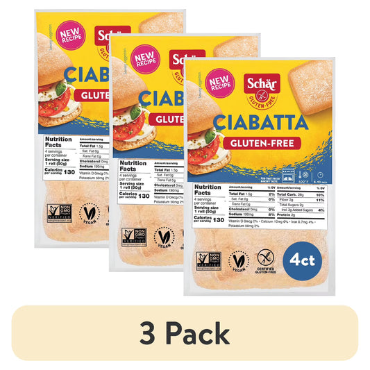 (3 pack) Schar Gluten Free Sourdough Ciabatta Rolls, Artisan Style Bread, Shelf-Stable, 4 Count, 7 oz
