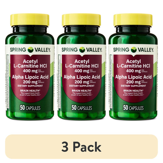 (3 pack) Spring Valley Acetyl L-Carnitine HCI 400 mg + Alpha Lipoic Acid 200 mg Capsules, 50 Count