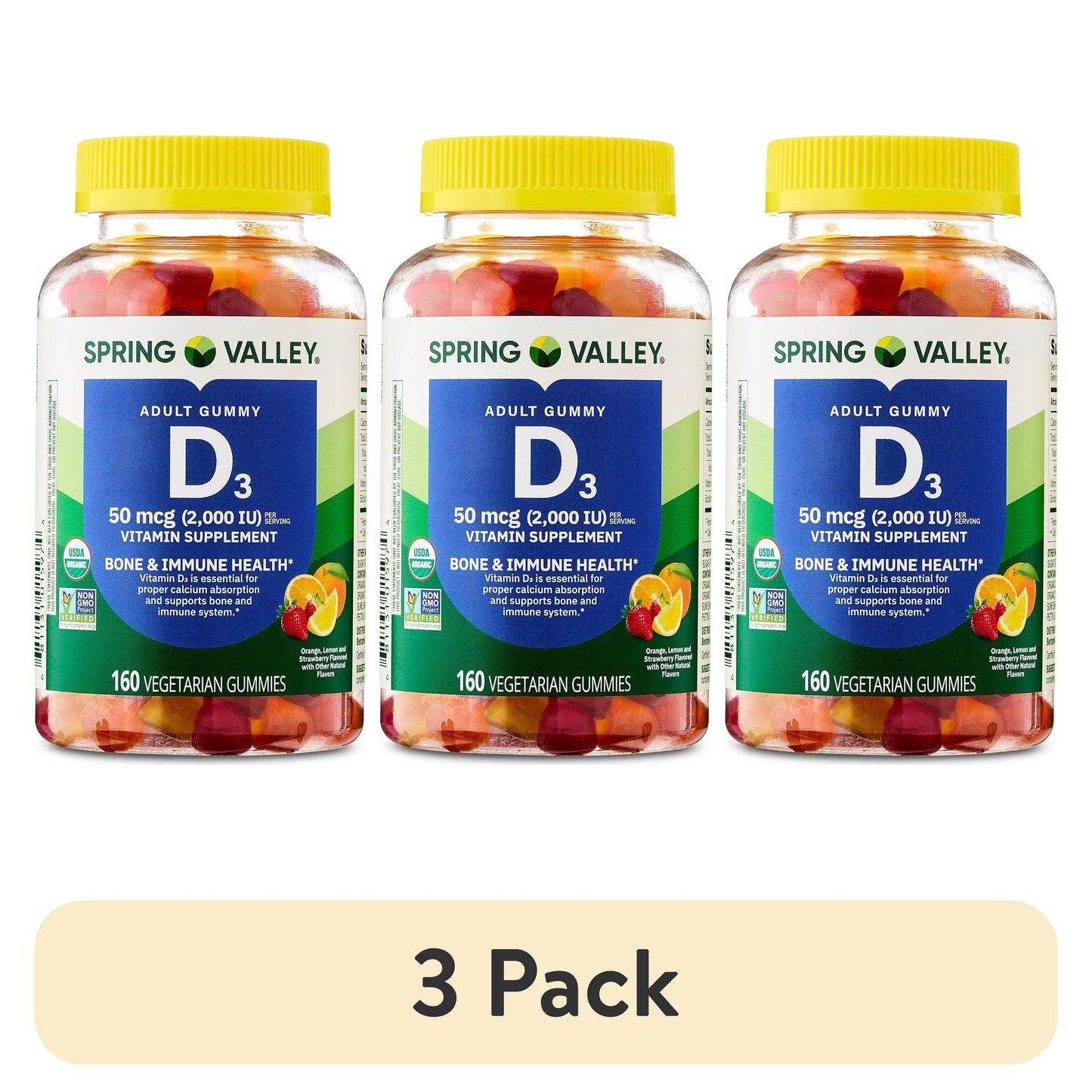 (3 pack) Spring Valley Vitamin D3 Gummies, 50 mcg, 160 Count, Supplement for Bone and Immune Health, Assorted Fruit