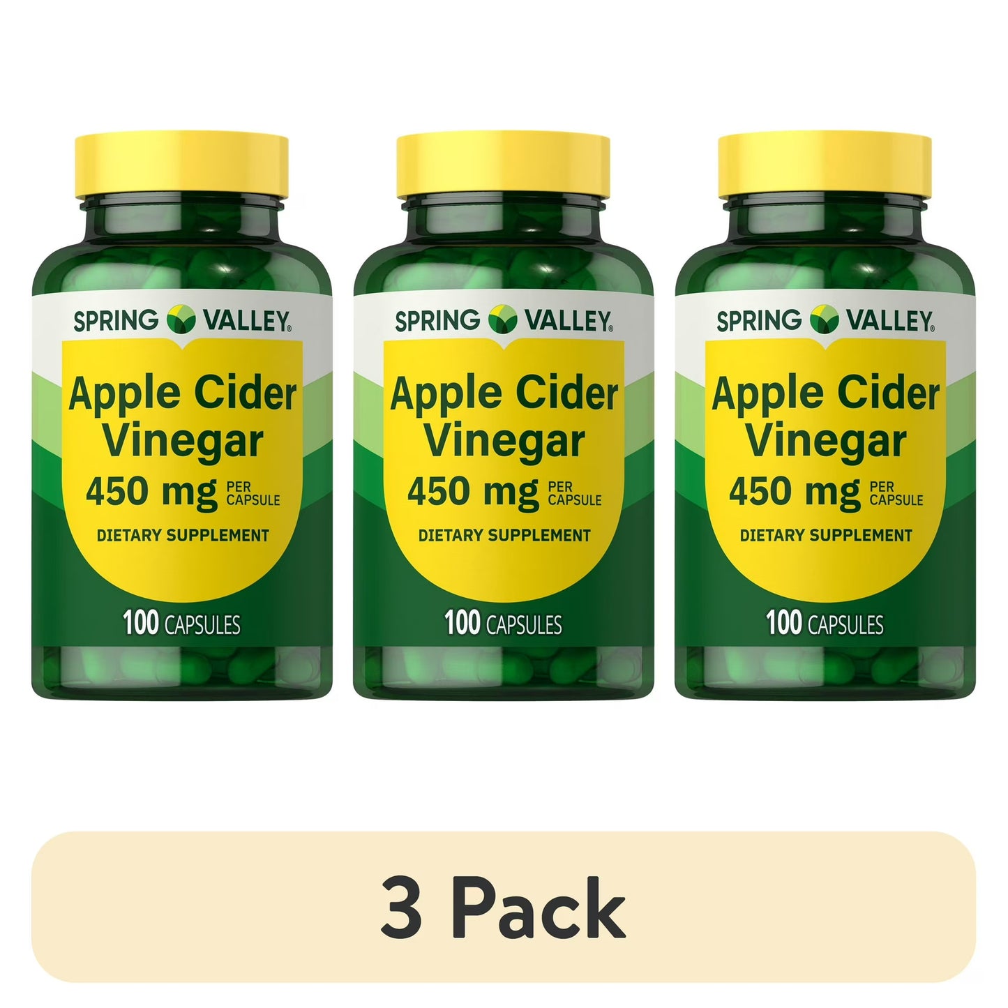 (3 pack) Spring Valley Apple Cider Vinegar Dietary Supplement Capsules, 450 mg, 100 Count