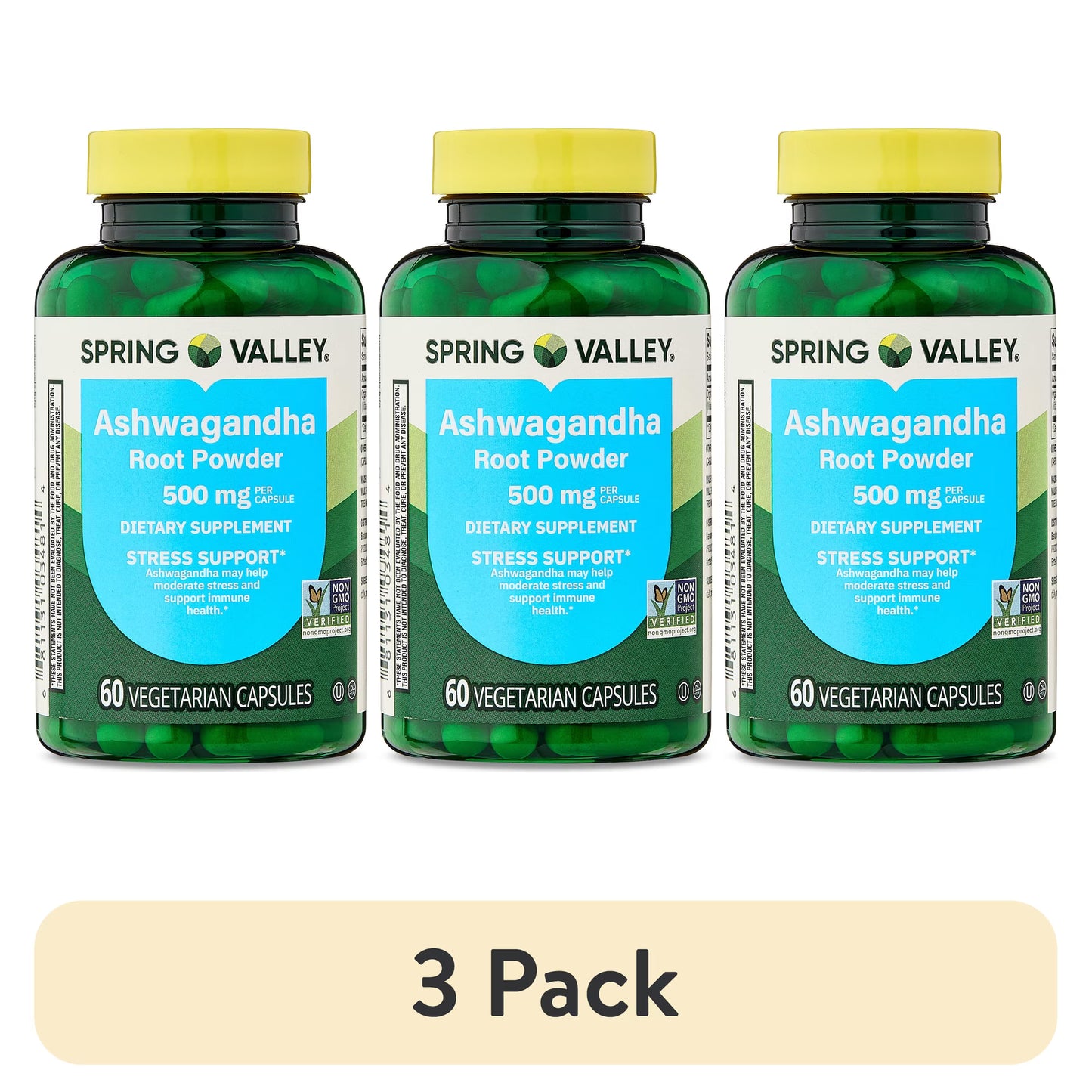 (3 pack) Spring Valley Ashwagandha Root Powder General Wellness Dietary Supplement Vegetarian Capsules, 500 mg, 60 Count