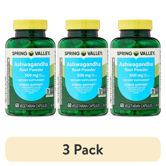 (3 pack) Spring Valley Ashwagandha Root Powder General Wellness Dietary Supplement Vegetarian Capsules, 500 mg, 60 Count
