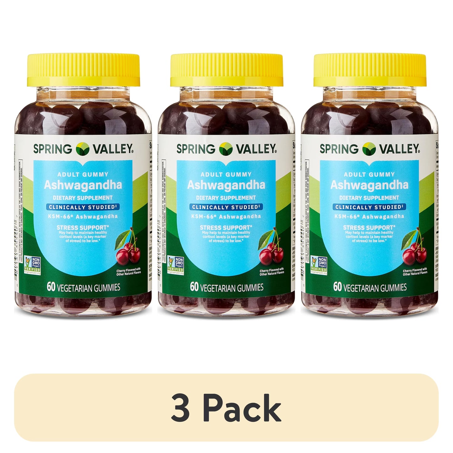(3 pack) Spring Valley Ashwagandha Vegetarian Gummies for Stress Support Dietary Supplement, Cherry Flavor, 60 Count
