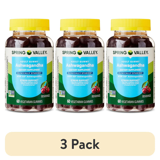 (3 pack) Spring Valley Ashwagandha Vegetarian Gummies for Stress Support Dietary Supplement, Cherry Flavor, 60 Count