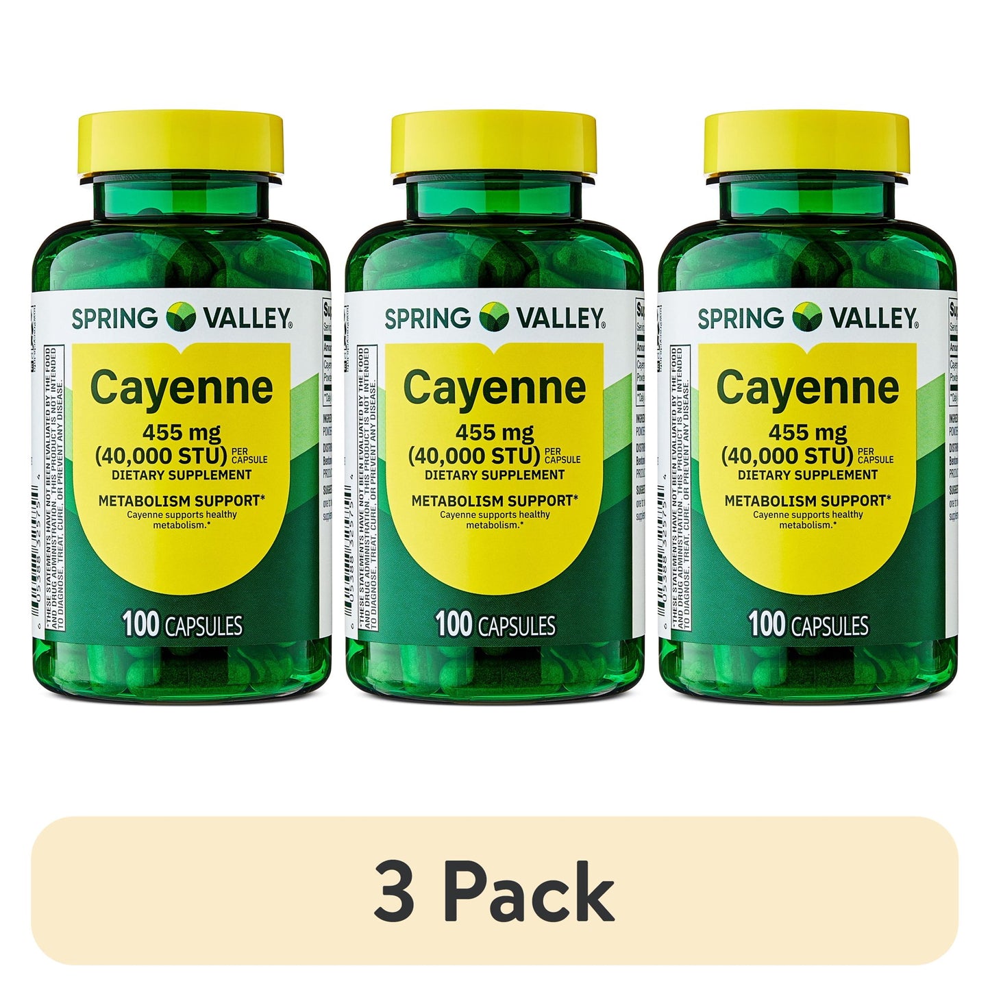 (3 pack) Spring Valley Cayenne Dietary Supplement Capsules for Metabolism Support, 455 mg, 100 Count