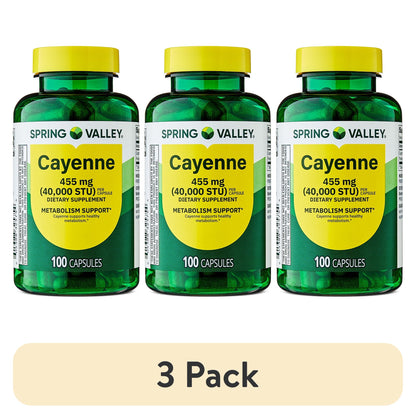 (3 pack) Spring Valley Cayenne Dietary Supplement Capsules for Metabolism Support, 455 mg, 100 Count