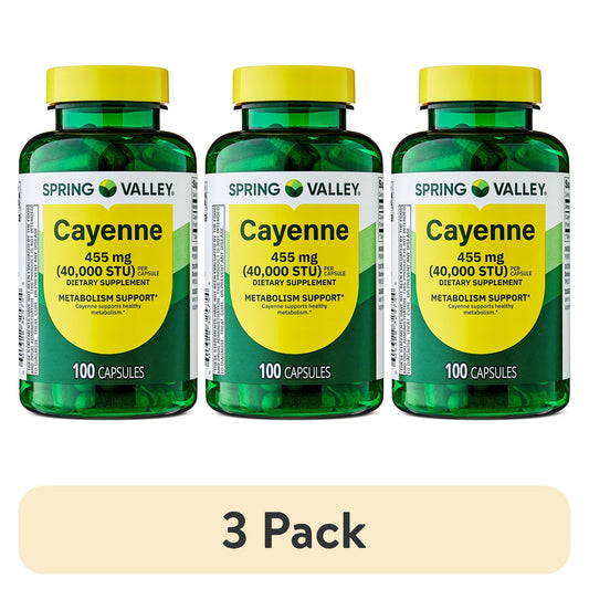 (3 pack) Spring Valley Cayenne Dietary Supplement Capsules for Metabolism Support, 455 mg, 100 Count