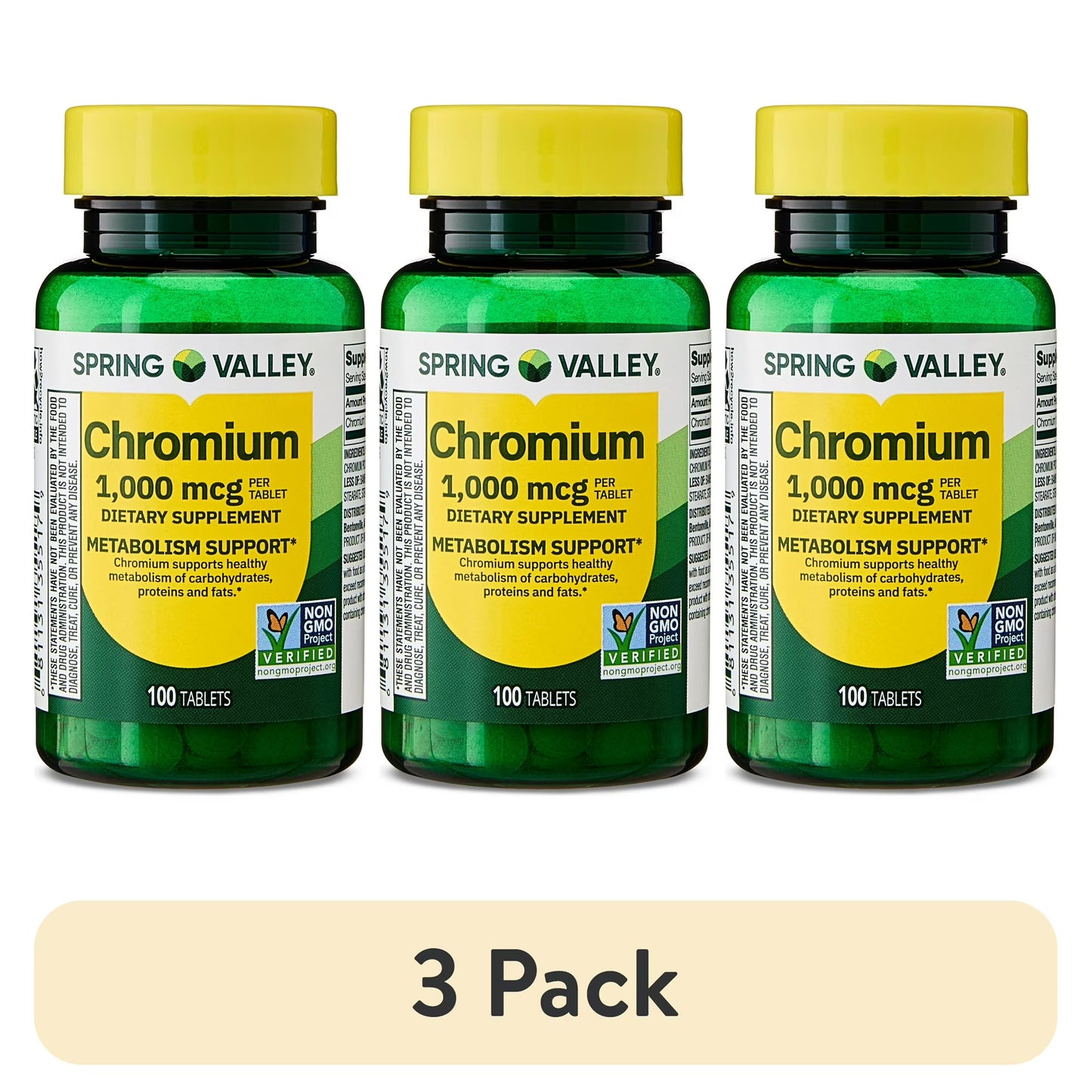(3 pack) Spring Valley Chromium Metabolism Support Dietary Supplement Tablets, 1,000 Mcg, 100 Count