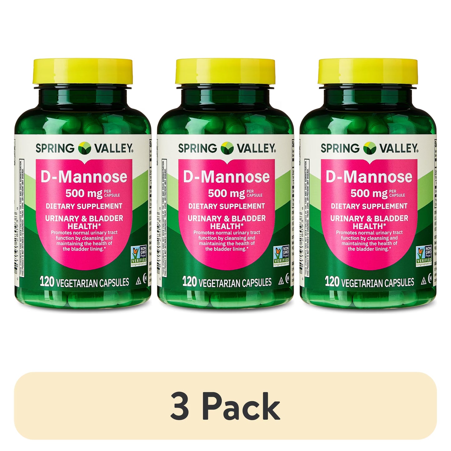 (3 pack) Spring Valley D-Mannose Urinary Tract Support Dietary Supplement, 500 mg, 120 Vegetarian Capsules