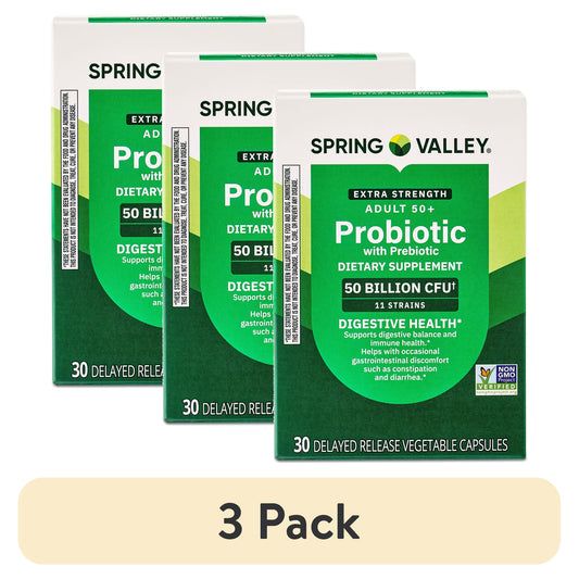 (3 pack) Spring Valley Extra Strength Age 50+ Probiotic with Prebiotic Dietary Supplement Delayed Release Vegetarian Capsules for Digestive Health, 30 Count