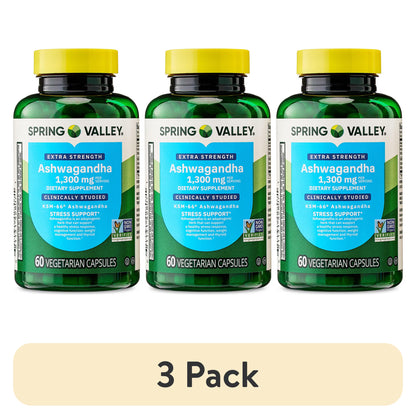 (3 pack) Spring Valley Extra Strength Ashwagandha Dietary Supplement, 1300 mg, 60 Vegetarian Capsules
