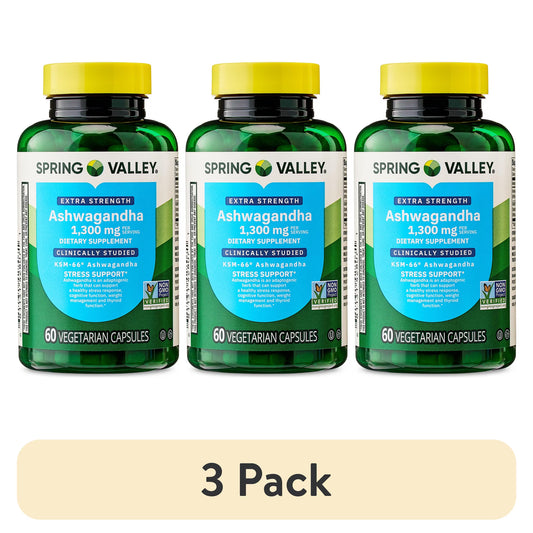 (3 pack) Spring Valley Extra Strength Ashwagandha Dietary Supplement, 1300 mg, 60 Vegetarian Capsules
