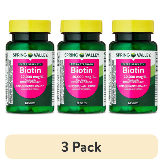 (3 pack) Spring Valley Extra Strength Biotin Plus Keratin Dietary Supplement Tablets for Hair/Skin/Nail Health, 10,000 mcg, 60 Count