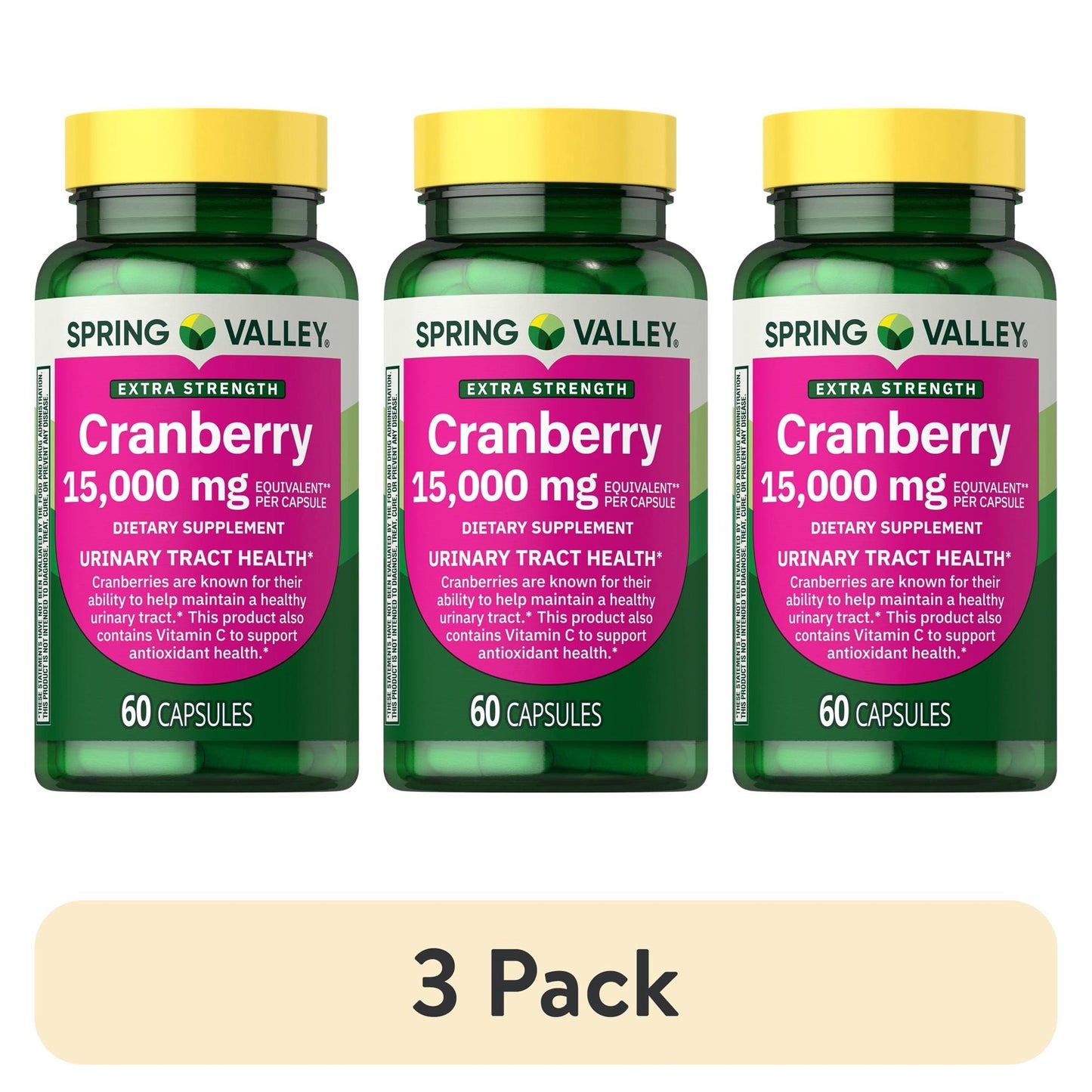 (3 pack) Spring Valley Extra Strength Cranberry Dietary Supplement Capsules, 15,000mg, 60 Count
