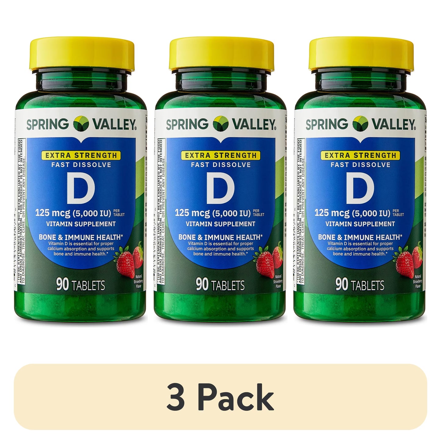 (3 pack) Spring Valley Extra Strength Vitamin D3, 125 mcg (5,000 IU), 90 Count, Strawberry Flavor, Dietary Supplement Fast Dissolve Tablets