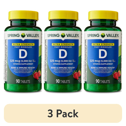 (3 pack) Spring Valley Extra Strength Vitamin D3, 125 mcg (5,000 IU), 90 Count, Strawberry Flavor, Dietary Supplement Fast Dissolve Tablets
