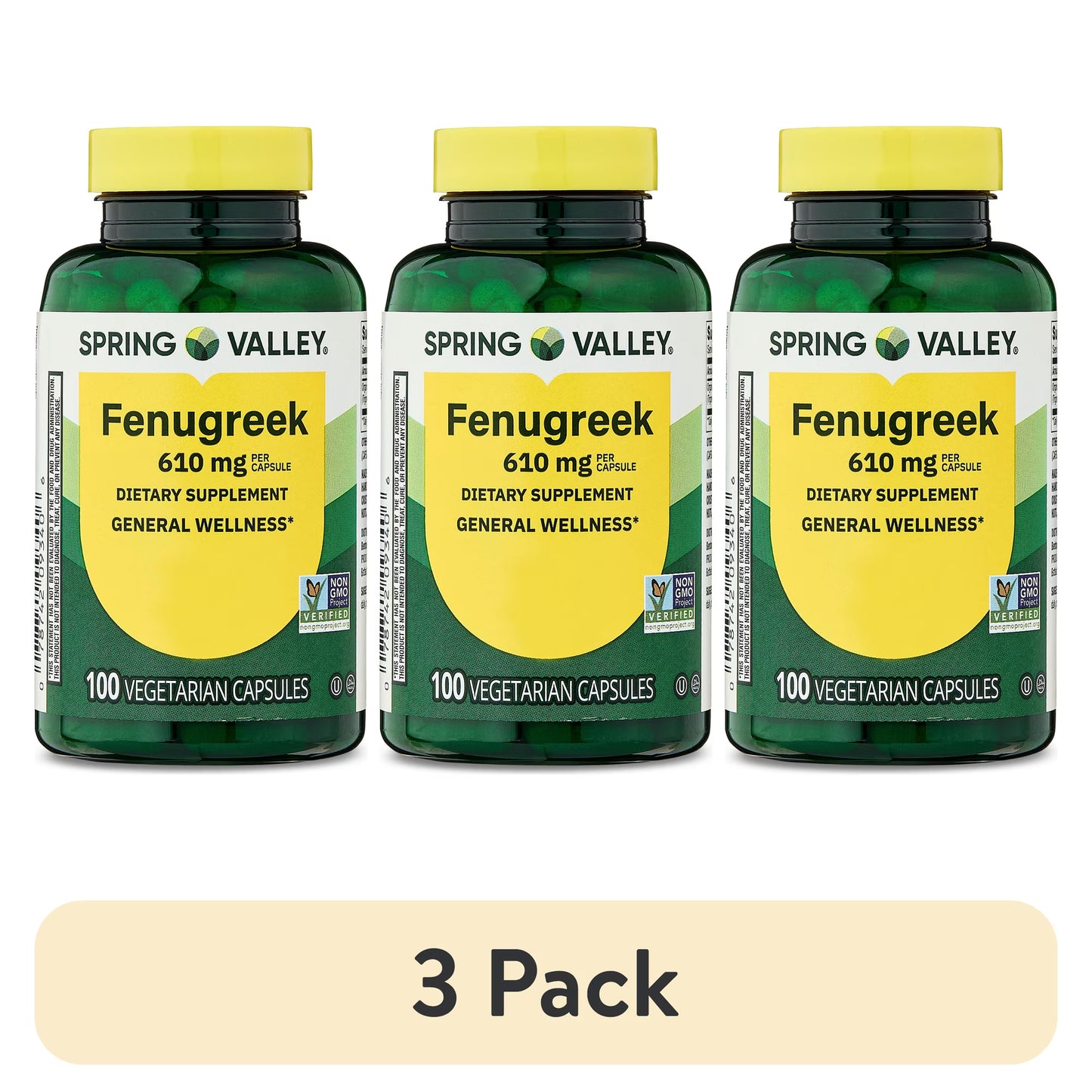 (3 pack) Spring Valley Fenugreek Dietary Supplement Vegetarian Capsules for General Wellness, 610 mg, 100 Count