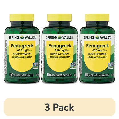 (3 pack) Spring Valley Fenugreek Dietary Supplement Vegetarian Capsules for General Wellness, 610 mg, 100 Count