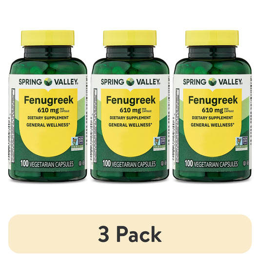 (3 pack) Spring Valley Fenugreek Dietary Supplement Vegetarian Capsules for General Wellness, 610 mg, 100 Count