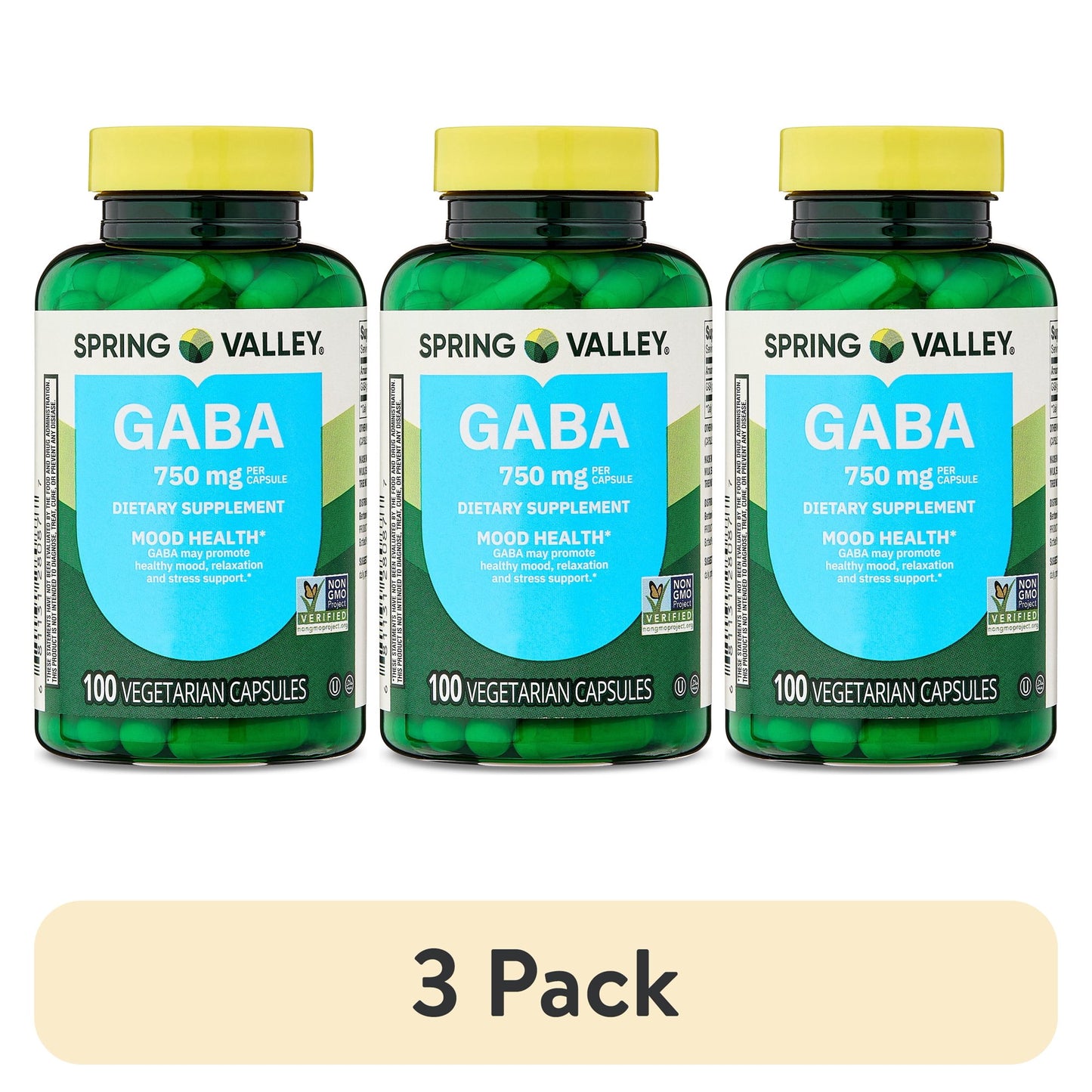 (3 pack) Spring Valley GABA Dietary Supplement Vegetarian Capsules for Mood Health, 750 mg, 100 Count
