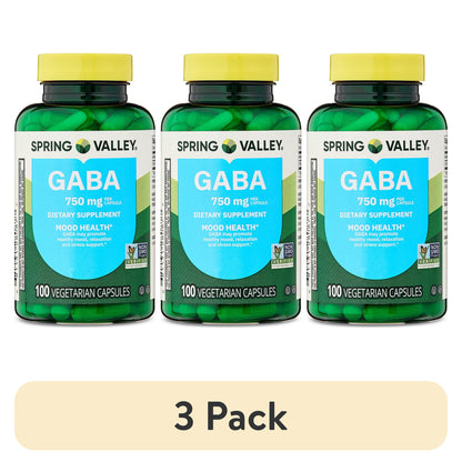 (3 pack) Spring Valley GABA Dietary Supplement Vegetarian Capsules for Mood Health, 750 mg, 100 Count