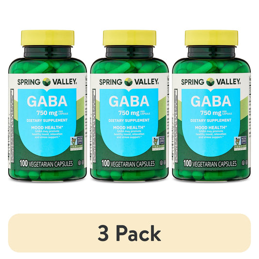 (3 pack) Spring Valley GABA Dietary Supplement Vegetarian Capsules for Mood Health, 750 mg, 100 Count