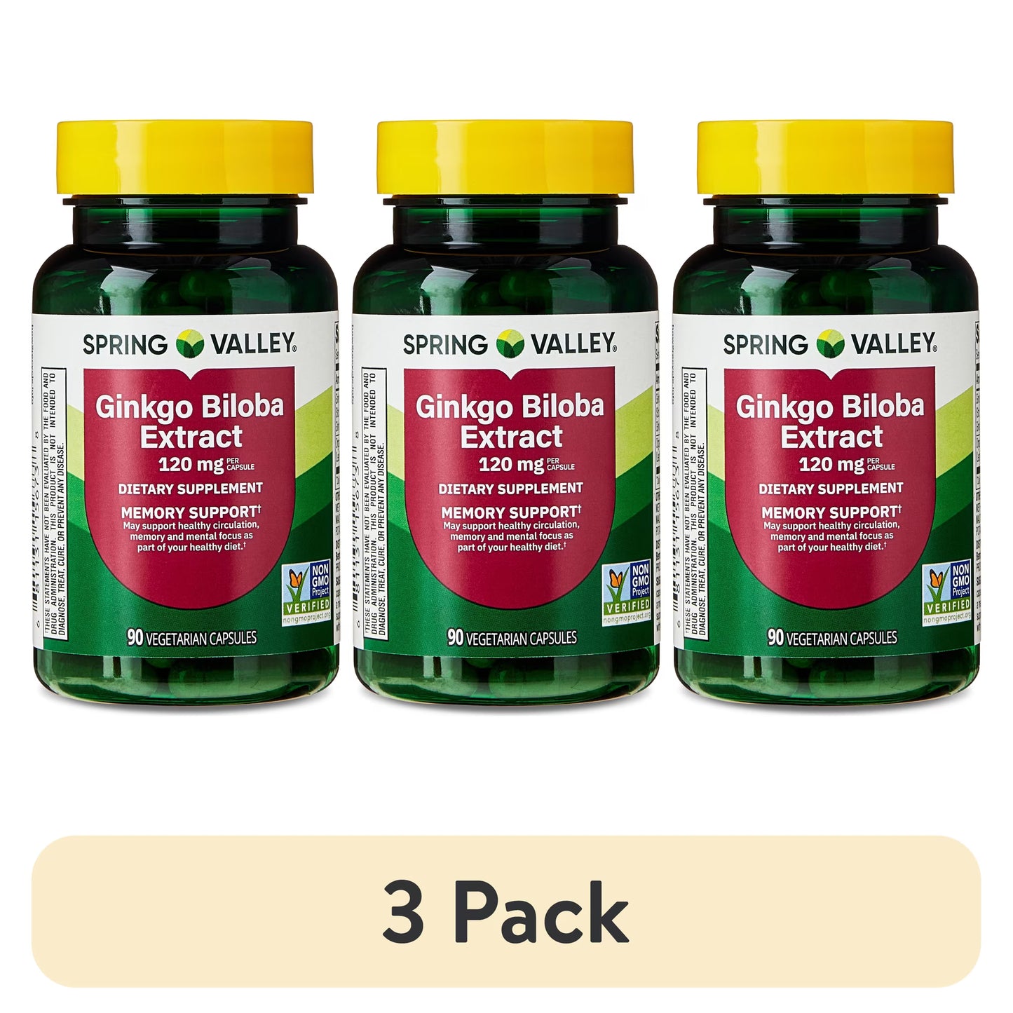 (3 pack) Spring Valley Ginkgo Biloba Extract Dietary Supplement Vegetarian Capsules for Memory Support, 120 mg, 90 Count
