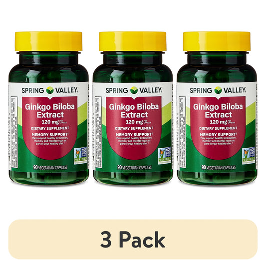 (3 pack) Spring Valley Ginkgo Biloba Extract Dietary Supplement Vegetarian Capsules for Memory Support, 120 mg, 90 Count